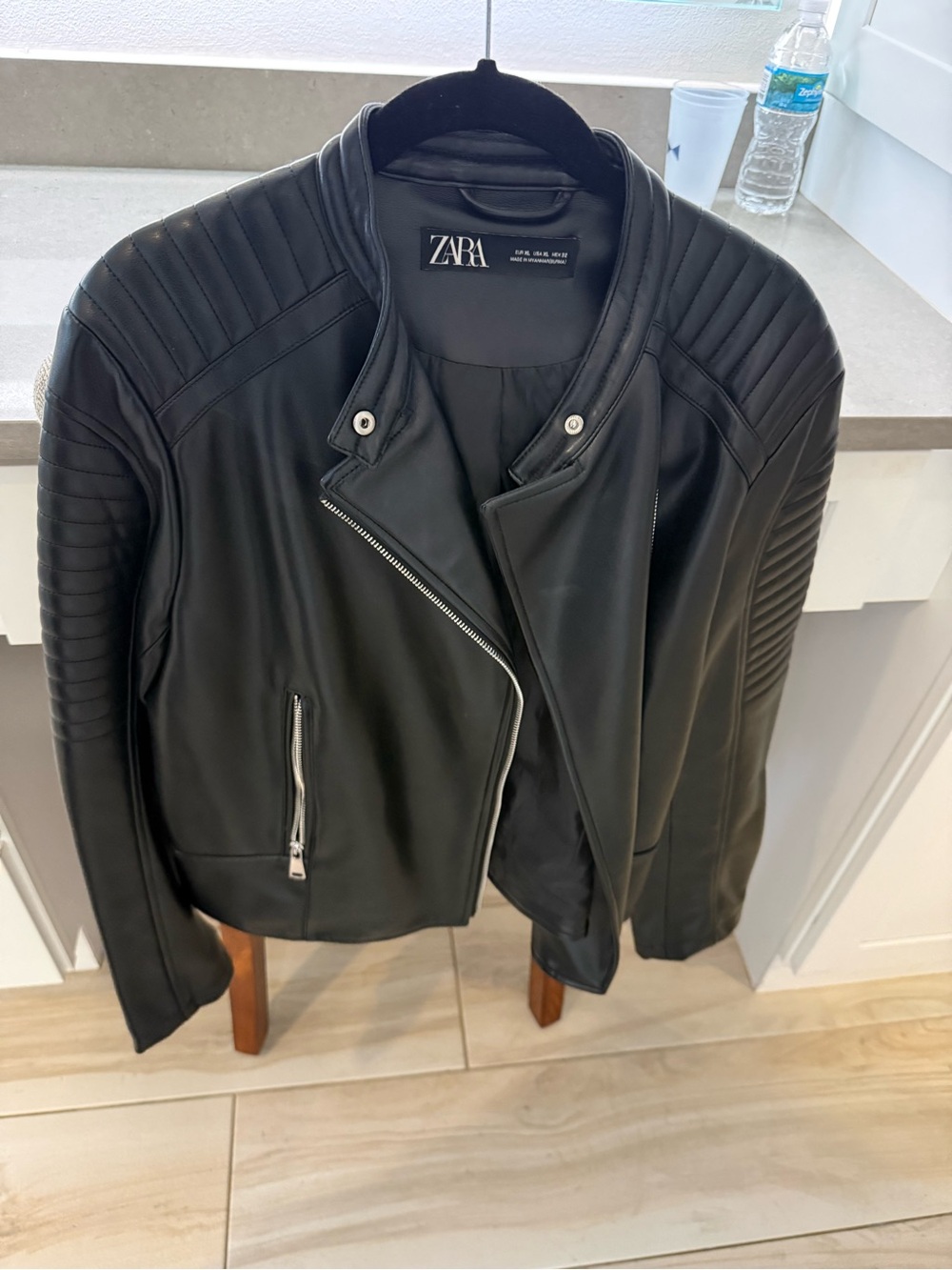 ZARA Black Quilted-Shoulder Faux Leather Biker Jacket